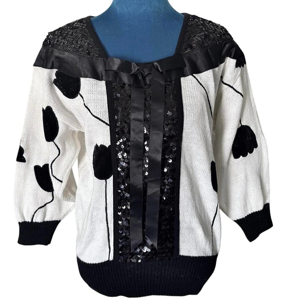 Vintage 80's Bonnie Bill Sequined Velvet Satin Tulip Sweater Cotton Knit White S